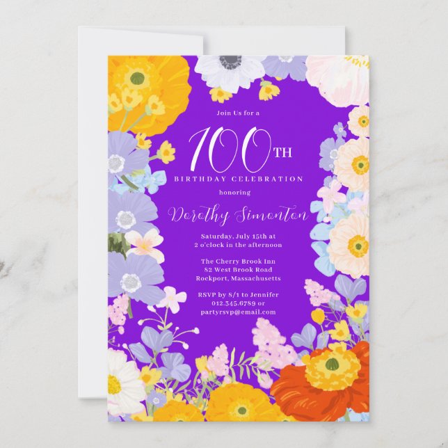 Purple Orange Yellow Wildflowers 100th Birthday Invitation (Front)