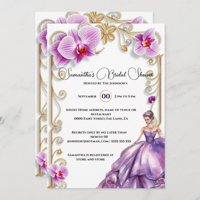 Purple orchid ballgown bride to be bridal shower invitation (Front/Back)
