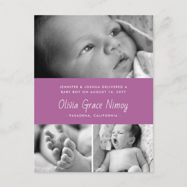 Purple Orchid Birth Announcement Baby Photo (Front)
