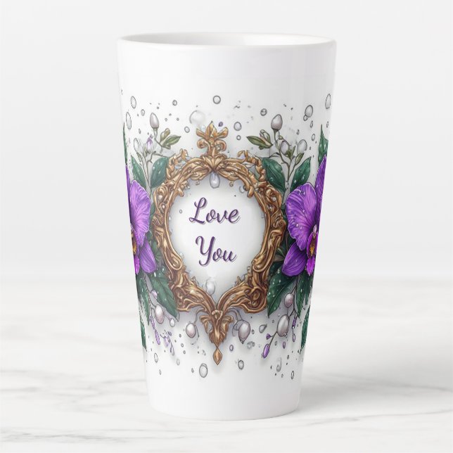 Purple Orchid Floral Frame Latte Mug (Front)