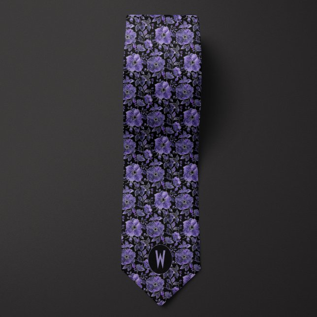 Purple Orchid Floral on Black Neck Tie (Creator Uploaded)