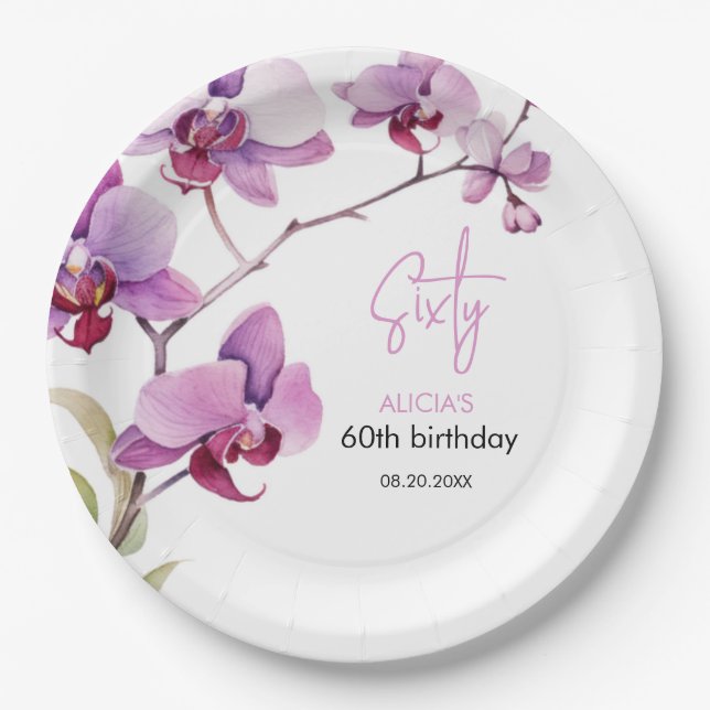 Purple Orchid Flower Blossom 60th Birthday Paper Plate (Front)