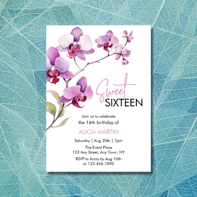 Purple Orchid Flower Blossom Sweet 16 Birthday Invitation (Creator Uploaded)
