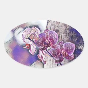 Purple orchid flower on a wooden log painting oval sticker
