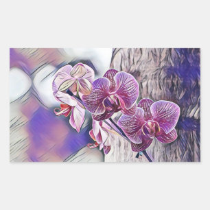 Purple orchid flower on a wooden log painting rectangular sticker