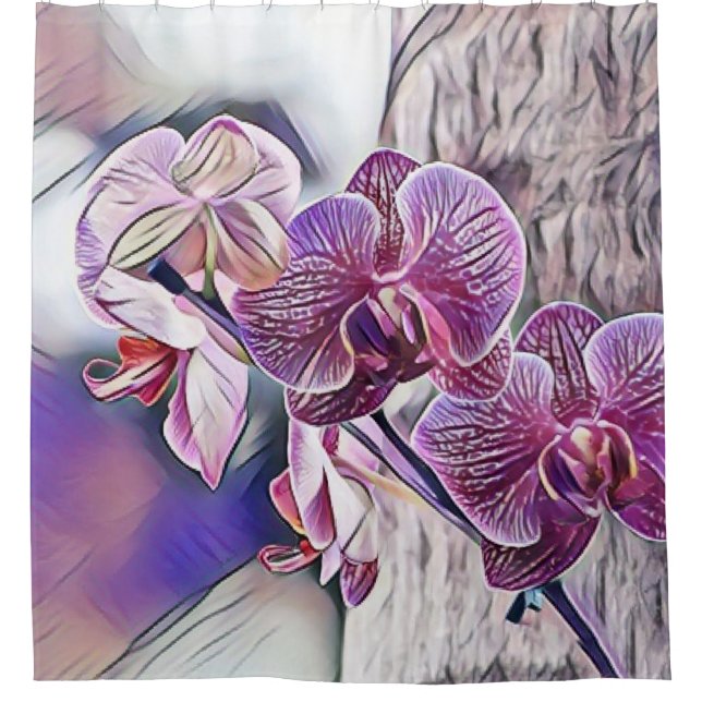 Purple orchid flower on a wooden log painting  shower curtain (Front)