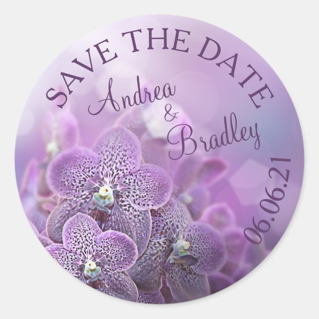 Purple Orchid Flower Personalised Wedding Classic Round Sticker (Front)