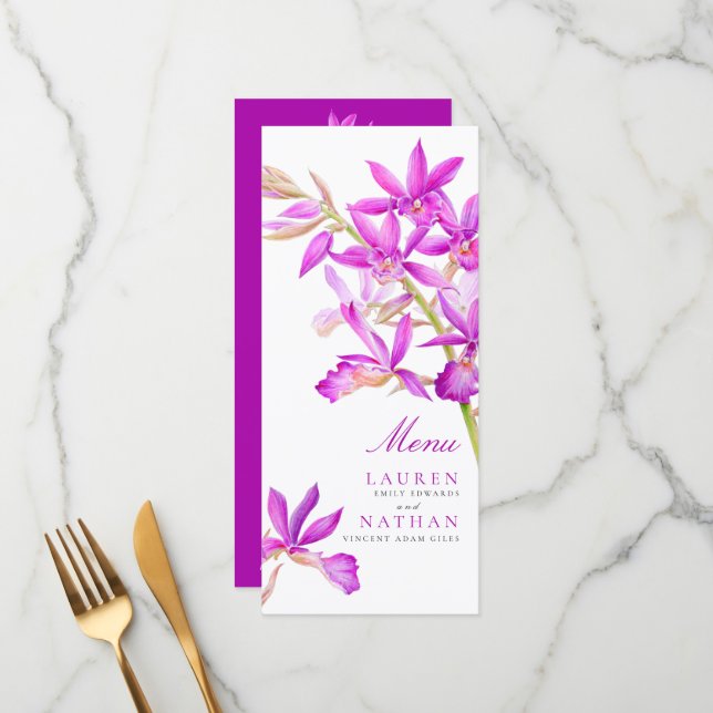 Purple orchid flowers watercolor wedding menu (Front/Back In Situ)