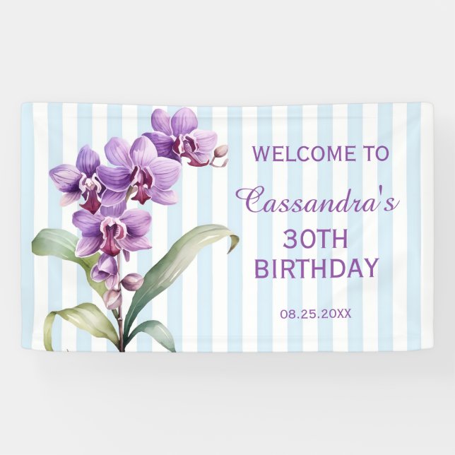 Purple Orchid Green Stripes Floral 30th Birthday  Banner (Horizontal)