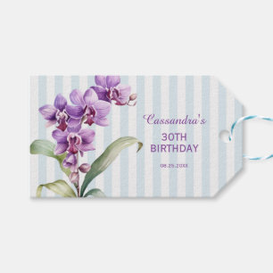 Purple Orchid Green Stripes Floral 30th Birthday  Gift Tags