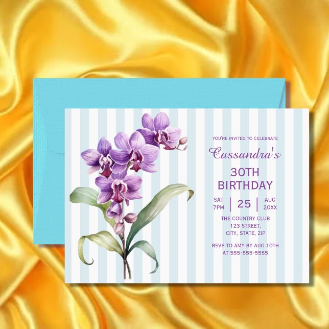 Purple Orchid Green Stripes Floral 30th Birthday  Invitation (Creator Uploaded)