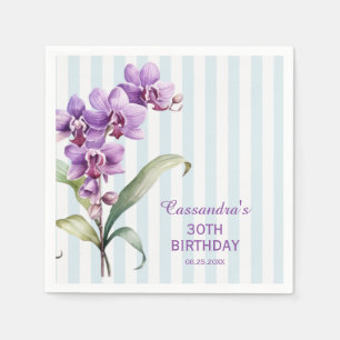 Purple Orchid Green Stripes Floral 30th Birthday  Napkin