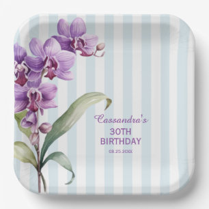 Purple Orchid Green Stripes Floral 30th Birthday  Paper Plate