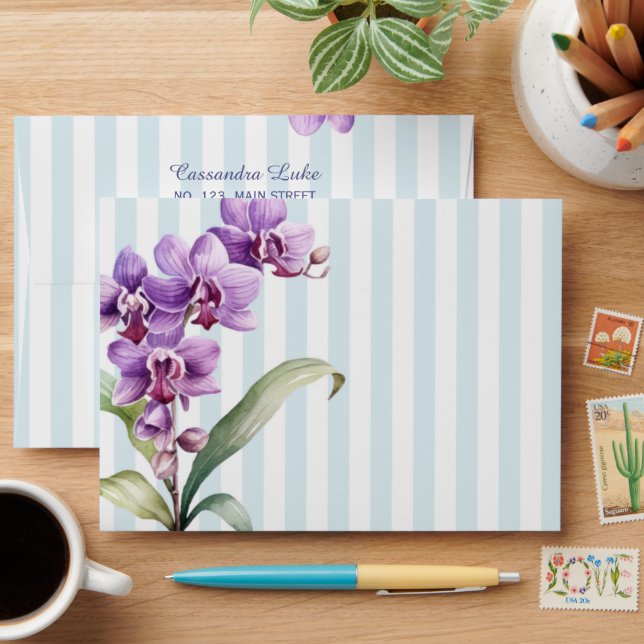 Purple Orchid Green Stripes Floral Birthday Envelope (Desk)