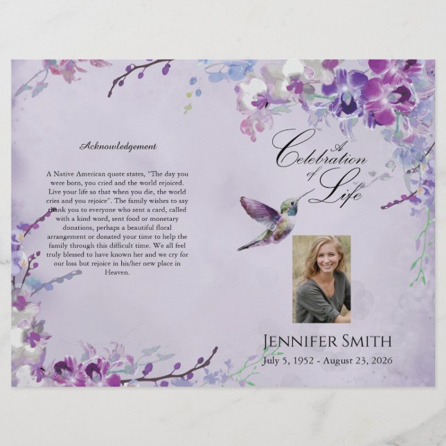 Purple Orchid Hummingbird Funeral Program Flyer (Front)