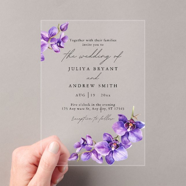 Purple Orchid in white script wedding Acrylic Invitations (Insitu (Handheld))