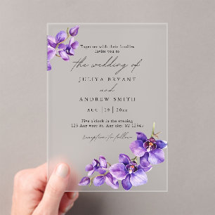 Purple Orchid in white script wedding Acrylic Invitations