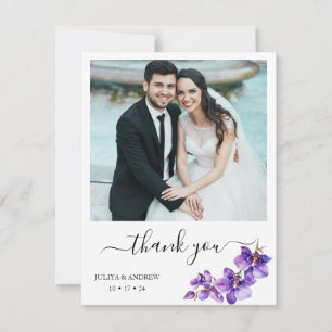 Purple Orchid in  White script wedding  Thank You Card