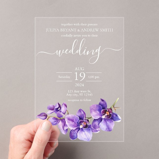 Purple Orchid Script wedding Acrylic Invitations (Insitu (Handheld))