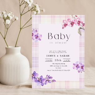 Purple Orchid Vintage Gingham Bloom Baby Shower Invitation