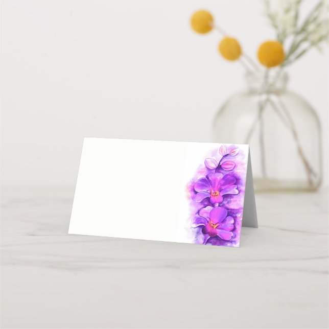Purple orchid watercolor art guest place cards (Front)