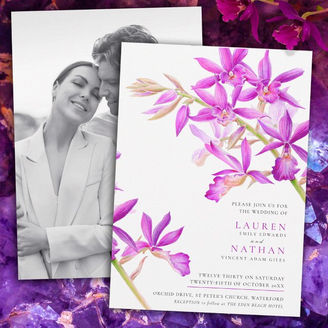Purple orchid watercolor botanical wedding photo invitation (Creator Uploaded)