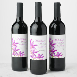 Purple orchid watercolor botanical wedding thanks wine label