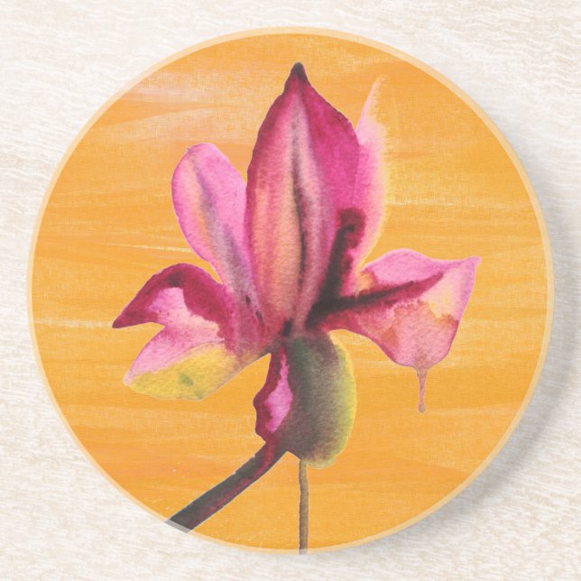Purple Orchid watercolour orange pop art flower Coaster (Front)