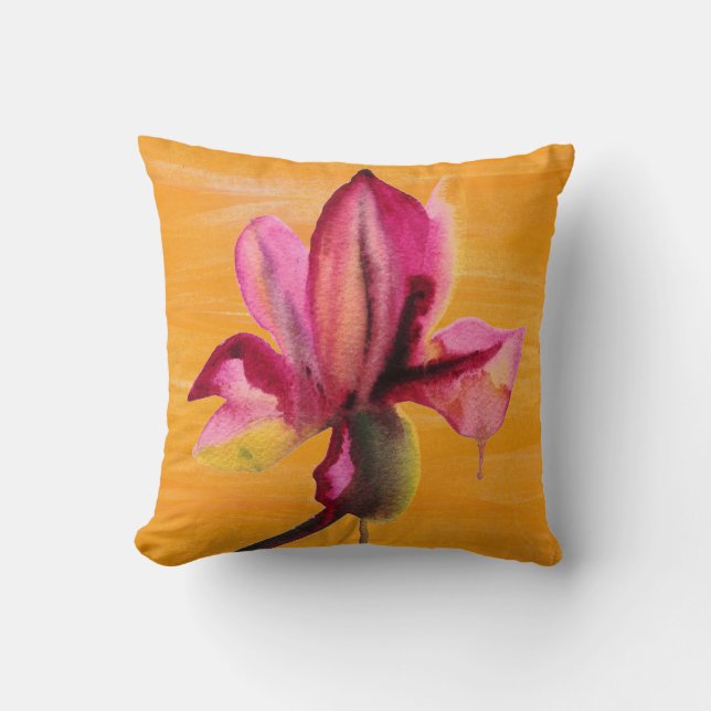 Purple Orchid watercolour orange pop art flower Cushion (Front)