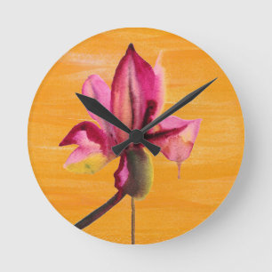 Purple Orchid watercolour orange pop art flower Round Clock