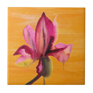 Purple Orchid watercolour orange pop art flower Tile