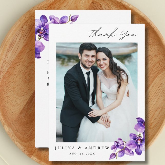Purple Orchid wedding photo Thank You Card (Creator Uploaded)