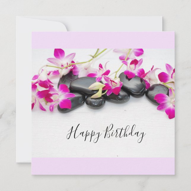 Purple orchid with black hot stone birthday card (Front)