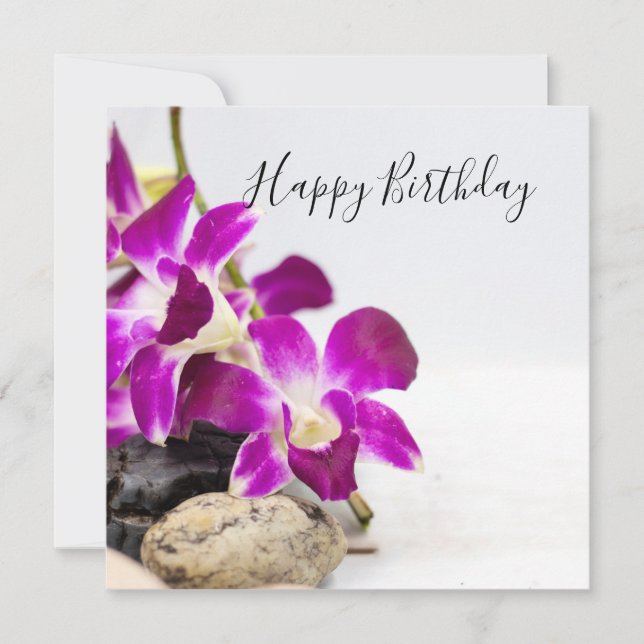 Purple orchid with black hot stone birthday card (Front)