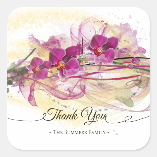 Purple Orchids Abstract Art Calligraphy Square Sticker (Front)