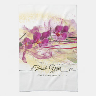 Purple Orchids Abstract Art Calligraphy Tea Towel