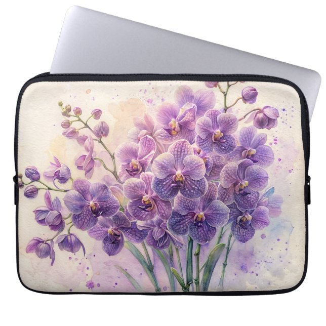 Purple Orchids Against Cream Watercolor Laptop Sleeve (Front)
