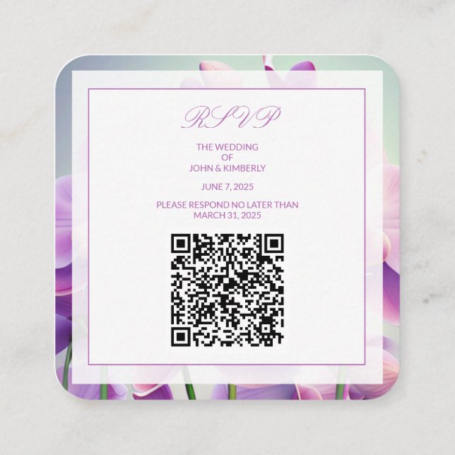 Purple Orchids Floral Wedding QR Code Enclosure Card (Back)