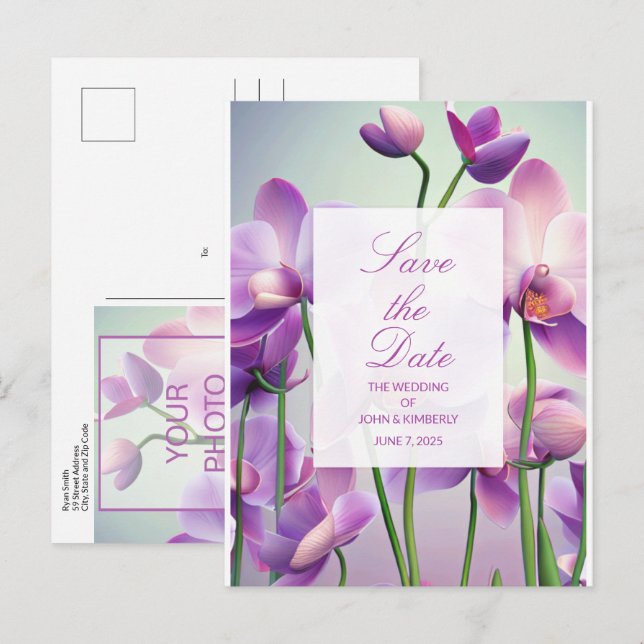 Purple Orchids Floral Wedding Save Date Postcard (Front/Back)