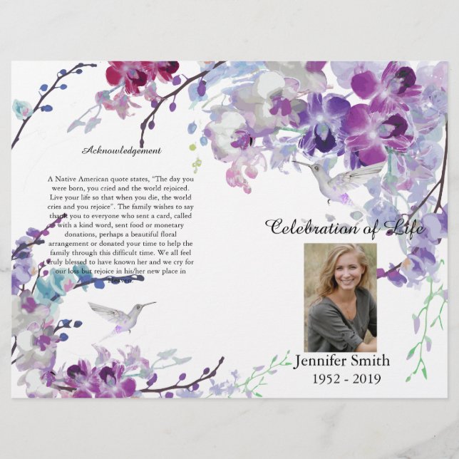 Purple Orchids Hummingbird Funeral Program Flyer (Front)