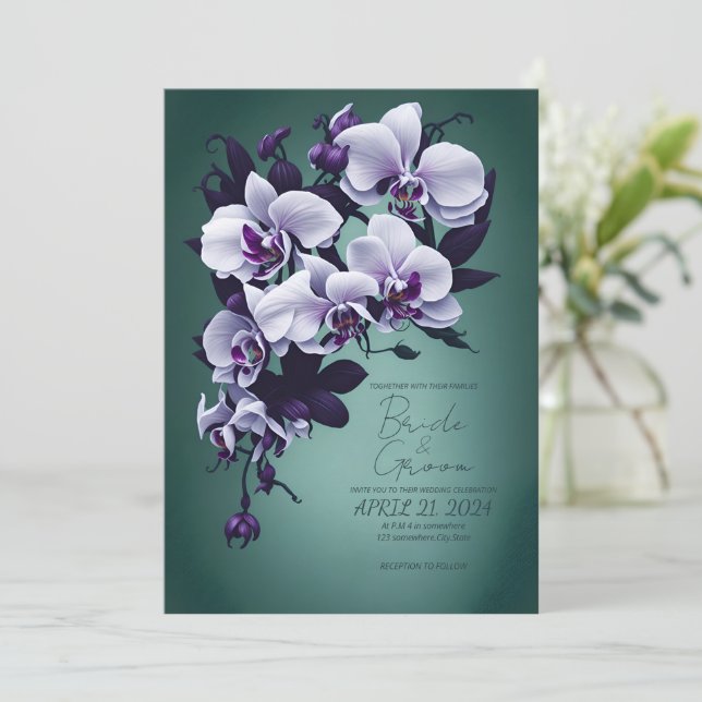 Purple Orchids in a Green background.  Invitation (Standing Front)