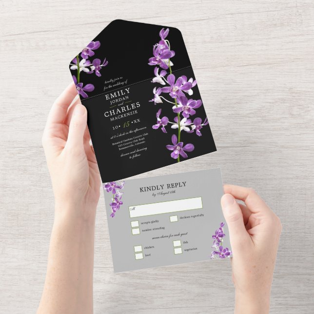 Purple Orchids, Modern Elegant Wedding All In One All In One Invitation (Tearaway)