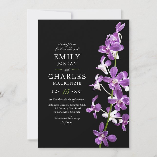 Purple Orchids, Modern Elegant Wedding Invitation (Front)