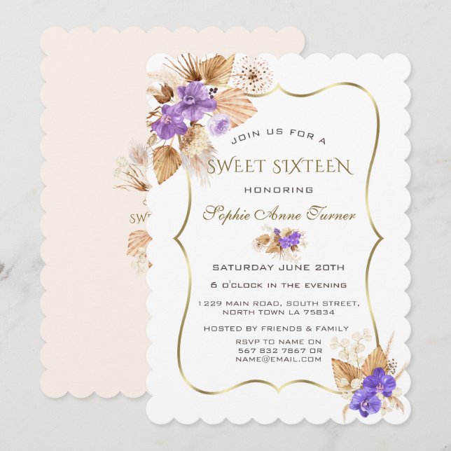 Purple Orchids Pampas Grass Gold Frame Sweet 16   Invitation (Front/Back)