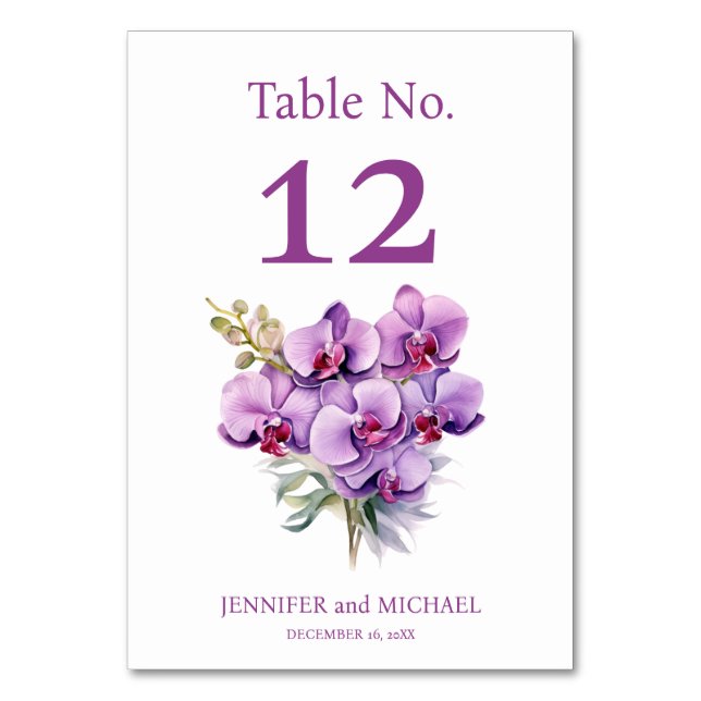 Purple Orchids Watercolor Wedding Table Number (Front)