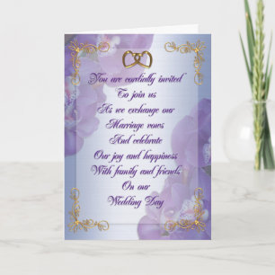 Purple orchids Wedding invitation gold hearts