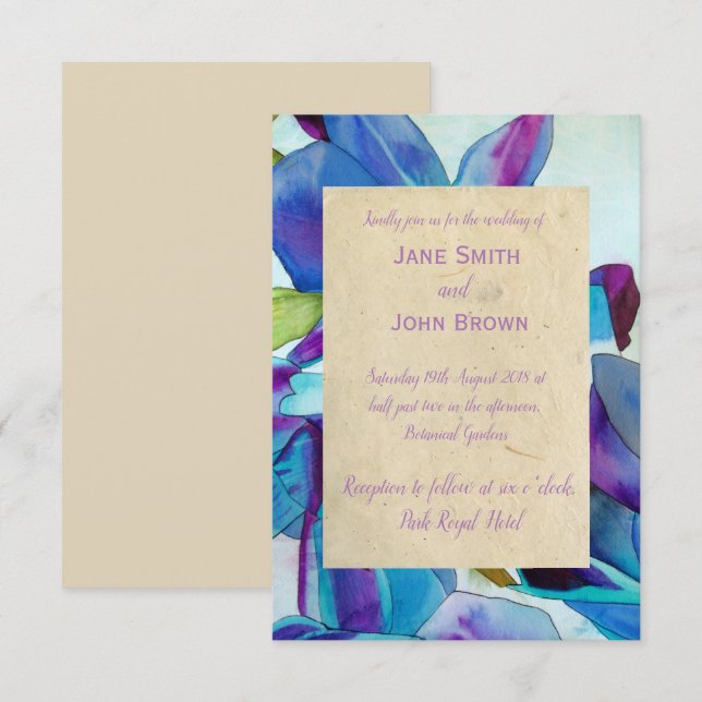 Purple orchids wedding watercolour art rustic invitation (Front/Back)