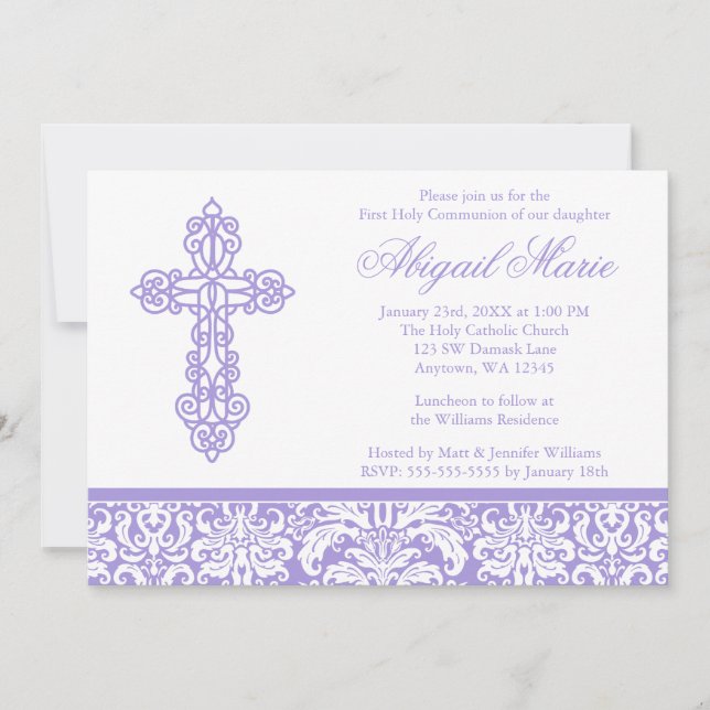 Purple Ornate Cross Damask Girl First Communion Invitation (Front)