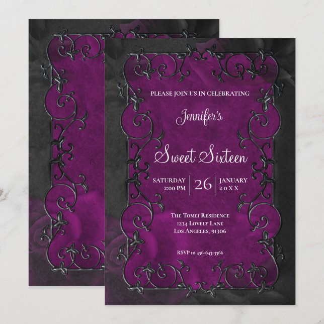 Purple Ornate Frame  Gothic Sweet 16 Invitation (Front/Back)
