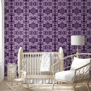 Purple Ornate Scroll Leaf Pattern Wallpaper